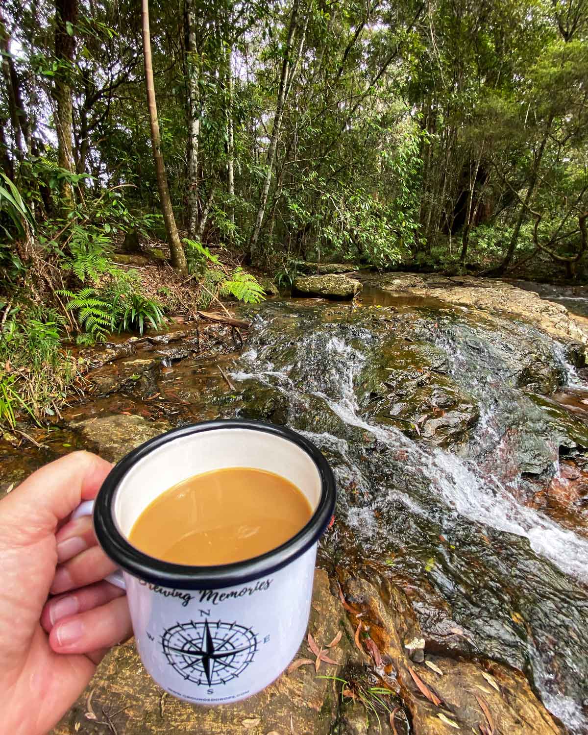 Une tasse de café préparée dans un ruisseau du parc national de Springbrook